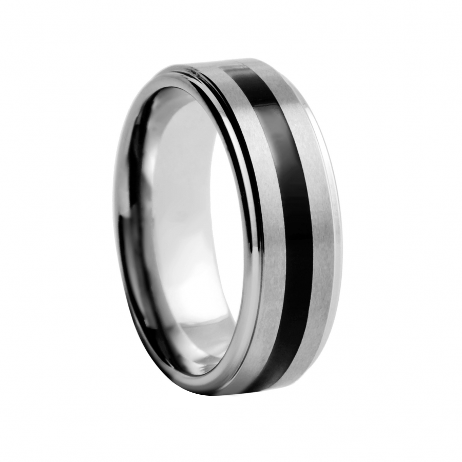 Flat Silver Band with Black Centre Inlay